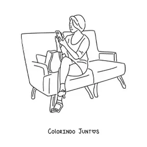 Desenho para colorir de uma mulher sentada no sofa usando o telefone