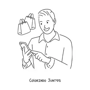 Desenho para colorir de um homem comprando pela internet pelo celular