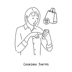 Desenho para colorir de uma mulher fazendo compras online pelo celular