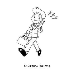 Desenho para colorir de um homem de terno e maleta falando ao telefone antigo