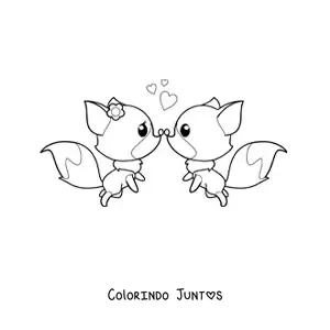 Desenho para colorir de um casal de raposas kawaii animadas unindo os narizes