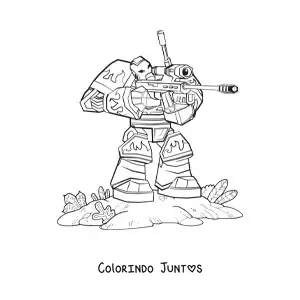 Desenho para colorir de um robo de guerra disparando uma arma