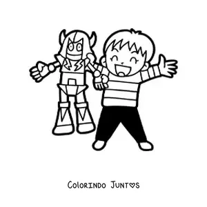 Desenho para colorir de um menino com um robo de brinquedo
