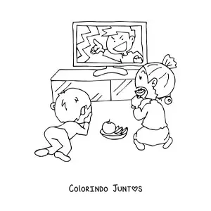 Desenho para colorir de uma mae e seu filho assistindo televisao