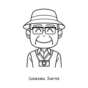 Desenho para colorir de um turista com uma camera fotografica