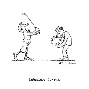 Desenho para colorir de um golfista e uma camera antiga