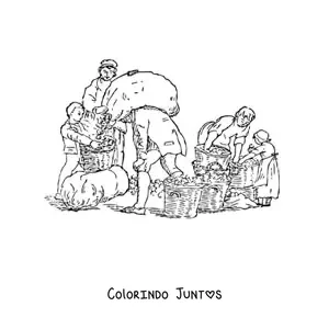 Desenho para colorir de camponeses colhendo maçãs com cestas e sacos