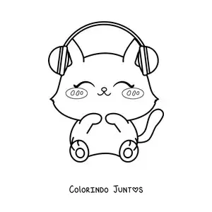 Desenho para colorir de um gato kawaii ouvindo musica