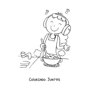 Desenho para colorir de uma mulher cozinhando enquanto ouve musica