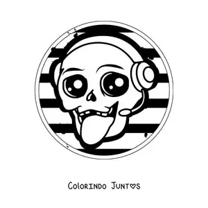 Desenho para colorir de uma caveira animada ouvindo musica
