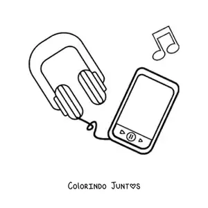 Desenho para colorir de um smartphone com fones de ouvido e notas musicais