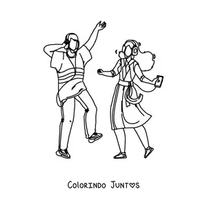 Desenho para colorir de um casal dancando com fones de ouvido