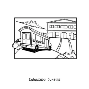 Desenho para colorir de um onibus escolar chegando a escola