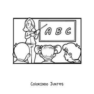 Desenho para colorir de uma professora e os alunos do ensino fundamental na sala de aula