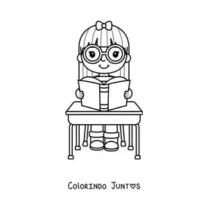 Desenho para colorir de uma menina kawaii lendo um livro na carteira