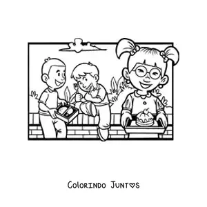 Desenho para colorir de umas criancas almocando no recreio