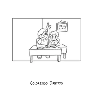 Desenho para colorir de um aluno levantando a mao na sala do ensino fundamental