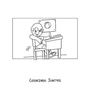 Desenho para colorir de um menino fazendo tarefa na sala de aula