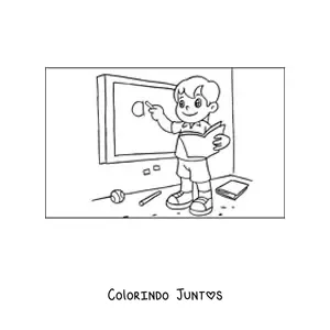 Desenho para colorir de um menino escrevendo na lousa