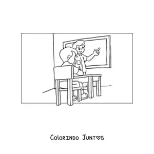 Desenho para colorir de um professor ensinando um aluno na sala de aula