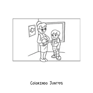 Desenho para colorir de uma professora e um aluno na sala do ensino fundamental