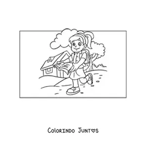 Desenho para colorir de uma menina com um livro para fazer a tarefa