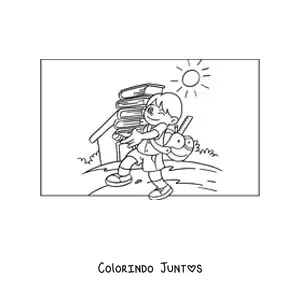 Desenho para colorir de um menino carregando livros para fazer a tarefa