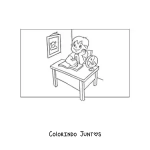 Desenho para colorir de um menino sentado na carteira fazendo tarefa