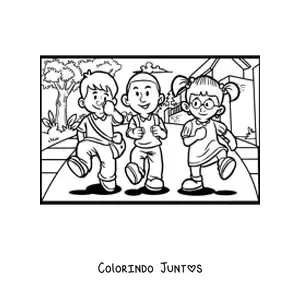 Desenho para colorir de tres criancas caminhando para a escola