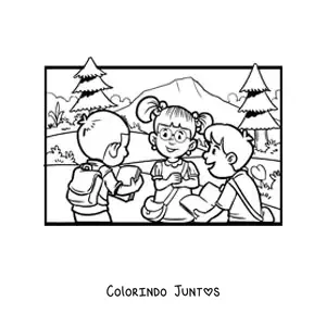 Desenho para colorir de tres criancas no patio da escola