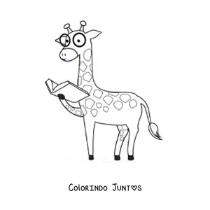 Desenho para colorir de uma girafa animada de óculos lendo um livro