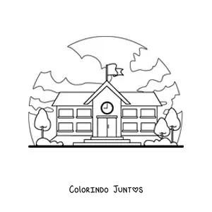 Desenho para colorir de uma escola com paisagem