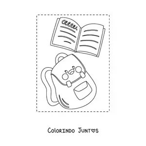 Desenho para colorir de uma mochila escolar kawaii com um caderno