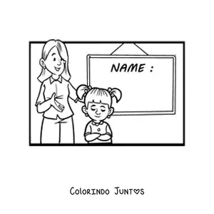 Desenho para colorir de uma professora e uma aluna ao lado de uma lousa