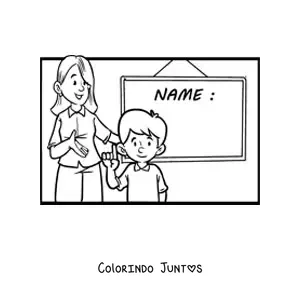 Desenho para colorir de uma professora e um aluno ao lado de uma lousa