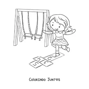 Desenho para colorir de uma menina kawaii brincando de amarelinha no parque