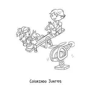 Desenho para colorir de duas crianças brincando na gangorra do parque