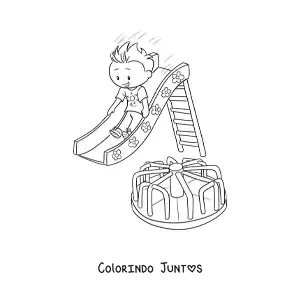 Desenho para colorir de um menino escorregando no escorregador do parque