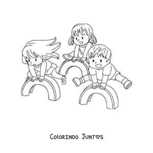 Desenho para colorir de três crianças brincando no parque