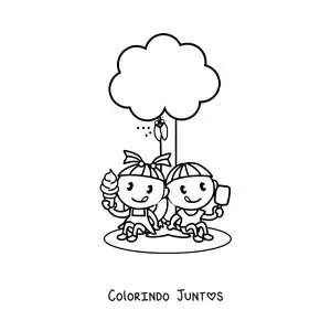 Desenho para colorir de duas crianças kawaii comendo sorvete no parque