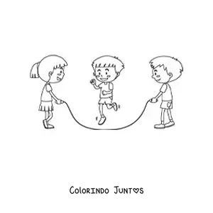 Desenho para colorir de três crianças pulando corda