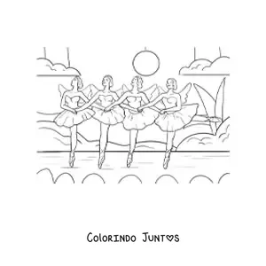 Desenho para colorir de um conjunto de bailarinas no palco