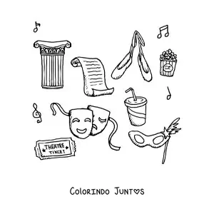 Desenho para colorir dos elementos e símbolos do teatro