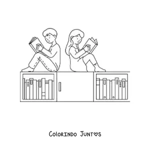 Desenho para colorir de duas crianças lendo na biblioteca