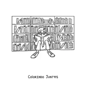 Desenho para colorir de um menino lendo na biblioteca