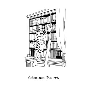 Desenho para colorir de um gato animado procurando um livro na biblioteca