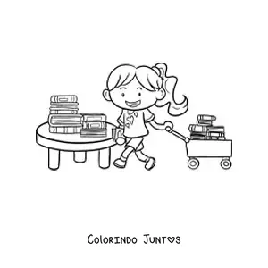 Desenho para colorir de uma menina com livros na biblioteca