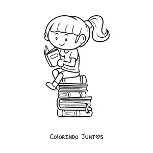 Desenho para colorir de uma menina lendo sentada sobre uma pilha de livros