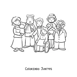 Desenho para colorir de vários pacientes junto à equipe do hospital