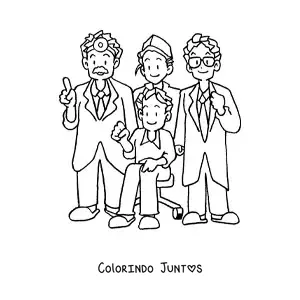 Desenho para colorir de três médicos e um paciente